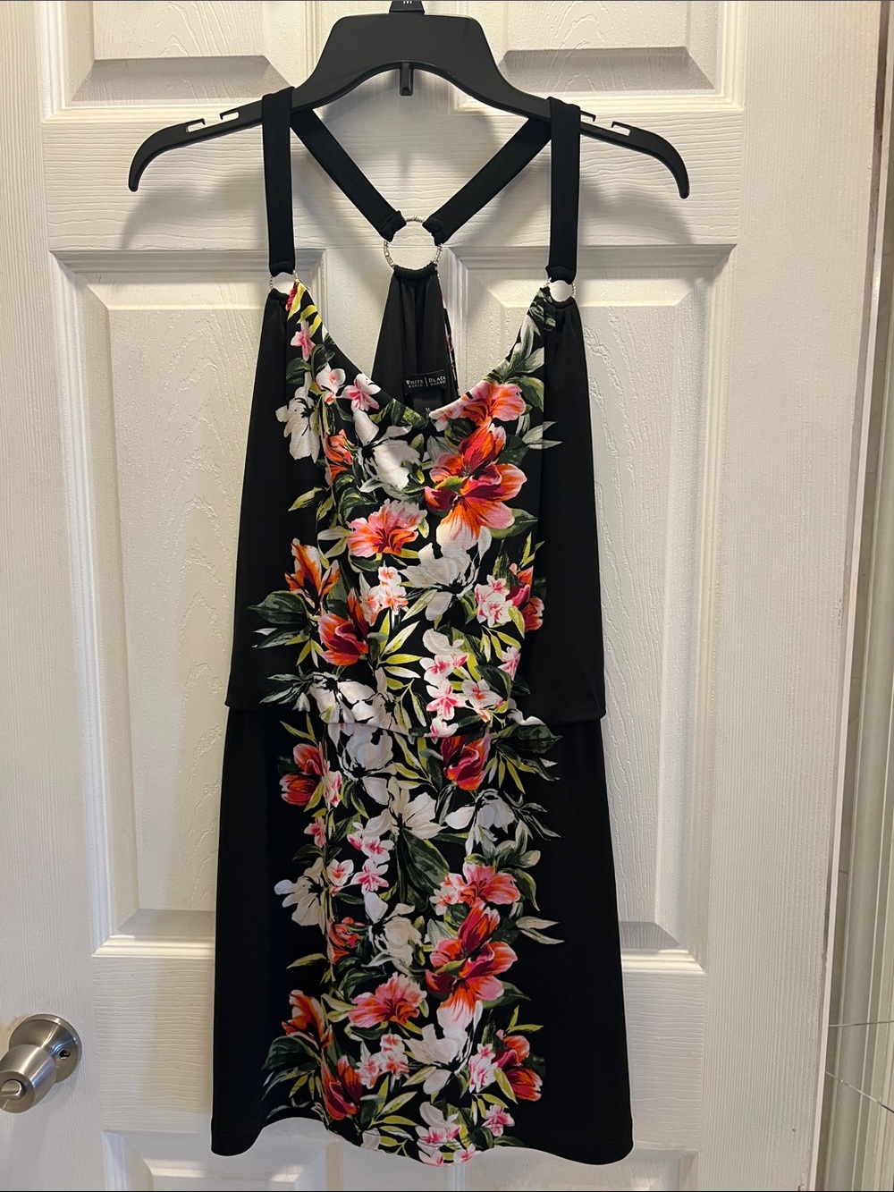 White House Black Market Black Halter Mini Dress with Vibrant Floral Print